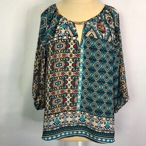 BCX Womens Slit Sleeve Floral Blouse 3/4 Sleeve Keyhole Neck Bohemian